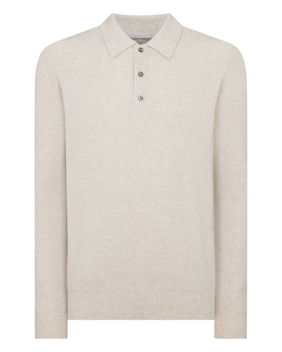 N.Peal Men's Ribbed Cashmere Polo Top Pebble Grey