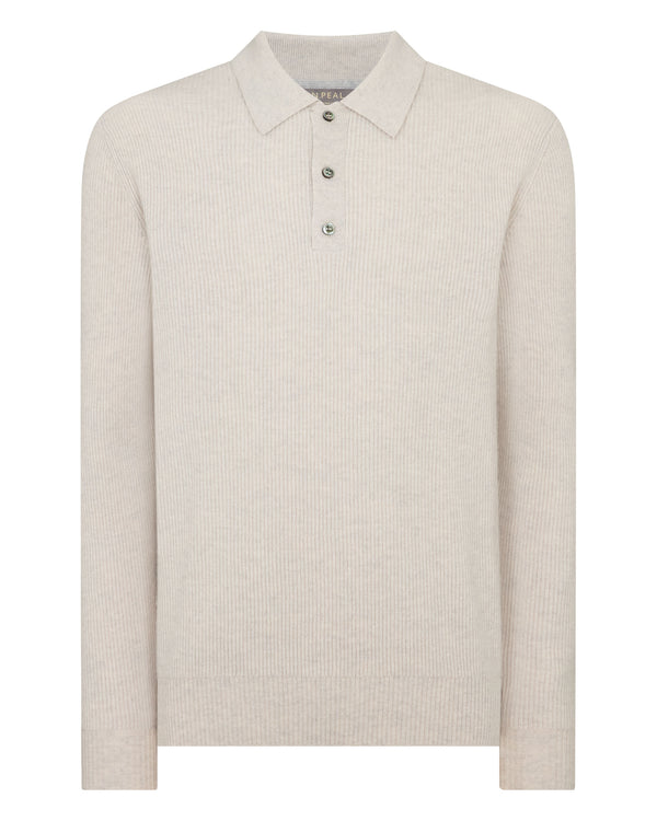 N.Peal Men's Ribbed Cashmere Polo Top Pebble Grey