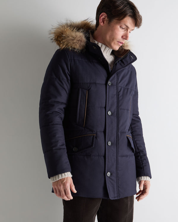 N.Peal Men's Fur Trim Coat Navy Blue