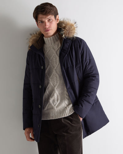 N.Peal Men's Fur Trim Coat Navy Blue