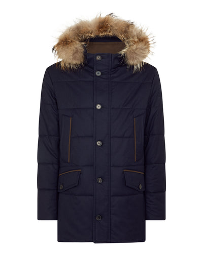N.Peal Men's Fur Trim Coat Navy Blue