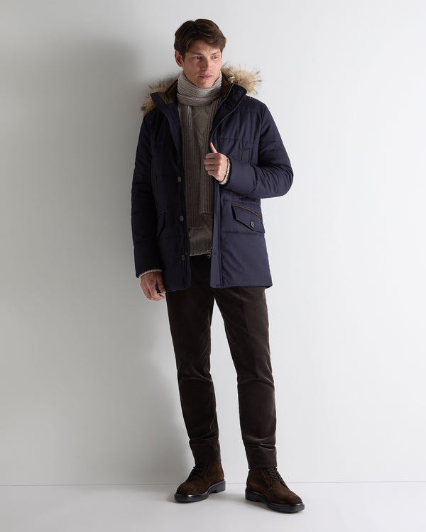 N.Peal Men's Fur Trim Coat Navy Blue
