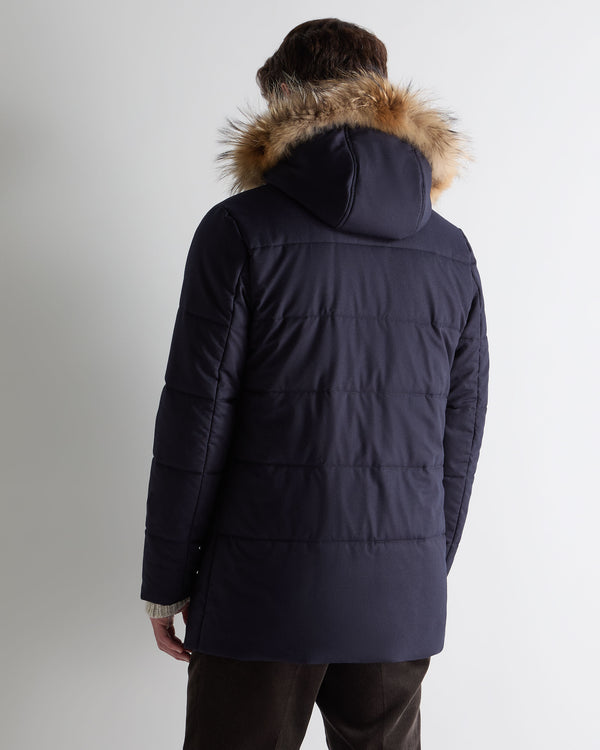 N.Peal Men's Fur Trim Coat Navy Blue