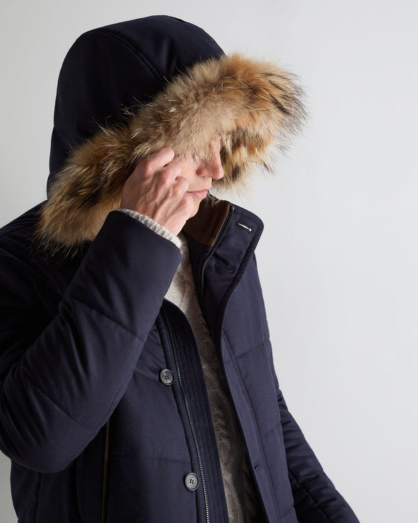 N.Peal Men's Fur Trim Coat Navy Blue