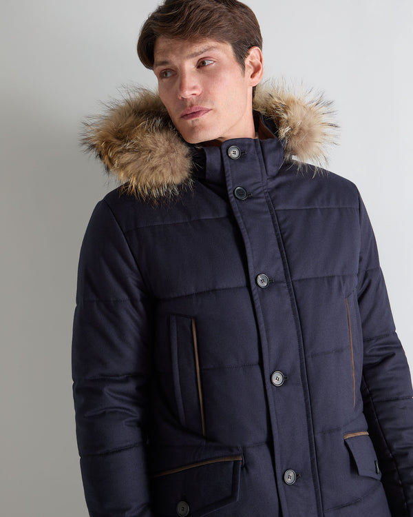 N.Peal Men's Fur Trim Coat Navy Blue