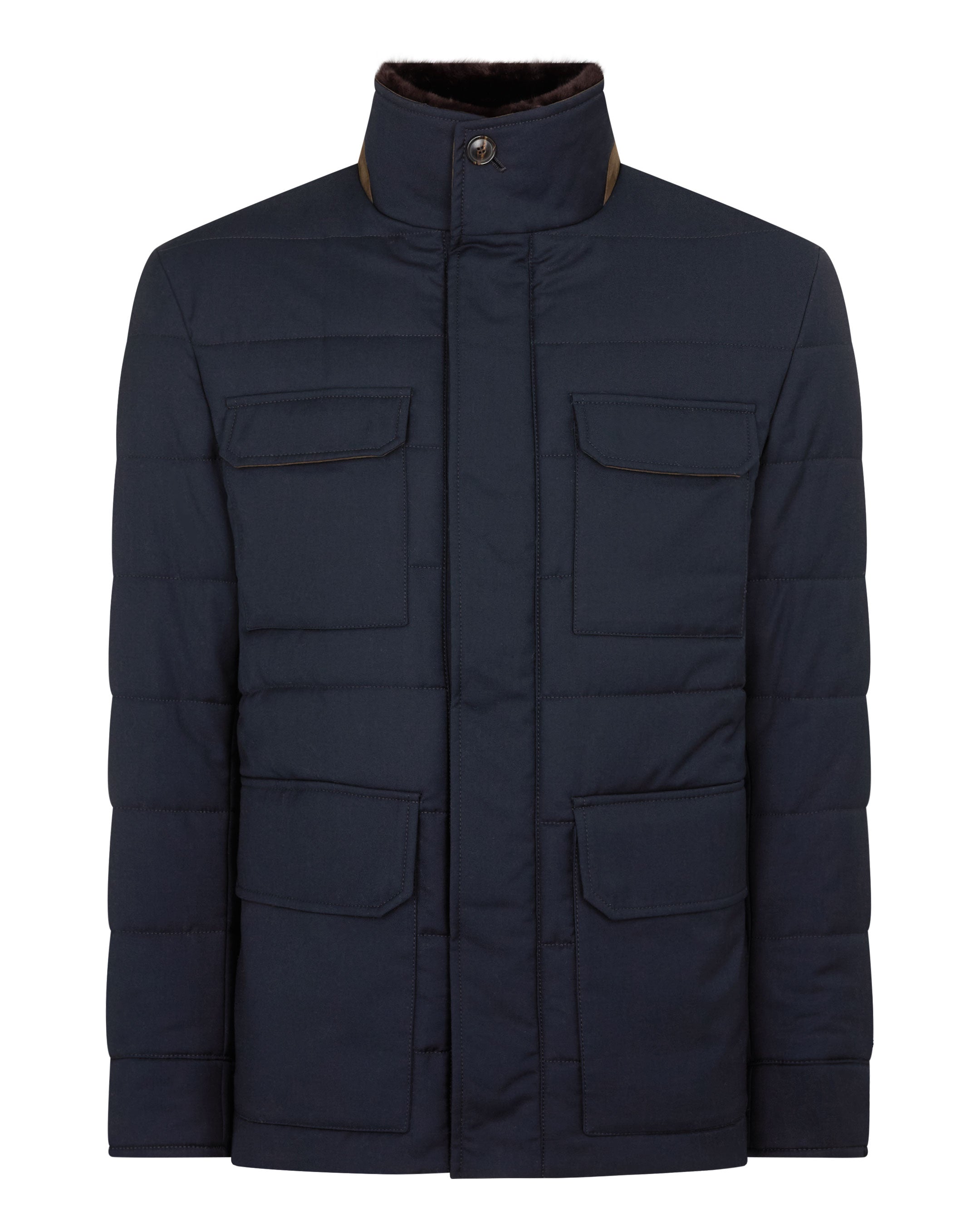 Men's Quilted Jacket With Fur Navy Blue | N.Peal