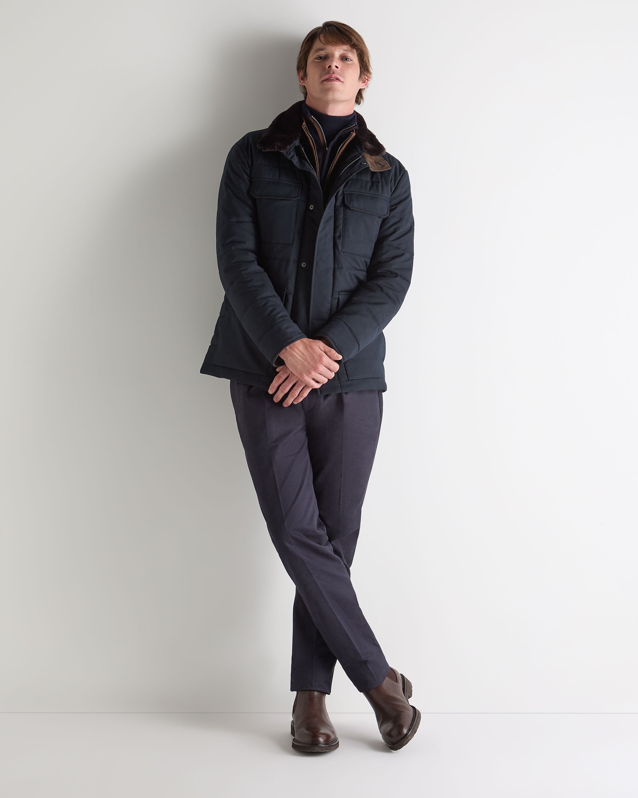 Men's Quilted Jacket With Fur Navy Blue | N.Peal