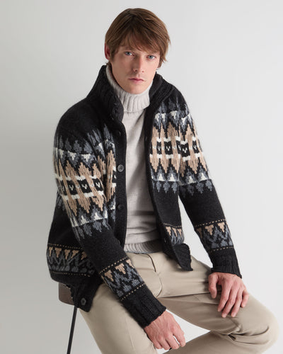 N.Peal Men's Jacquard Button Through Cashmere Cardigan Charcoal Grey