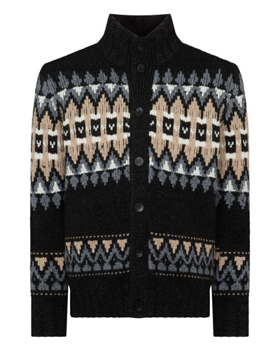 N.Peal Men's Jacquard Button Through Cashmere Cardigan Charcoal Grey