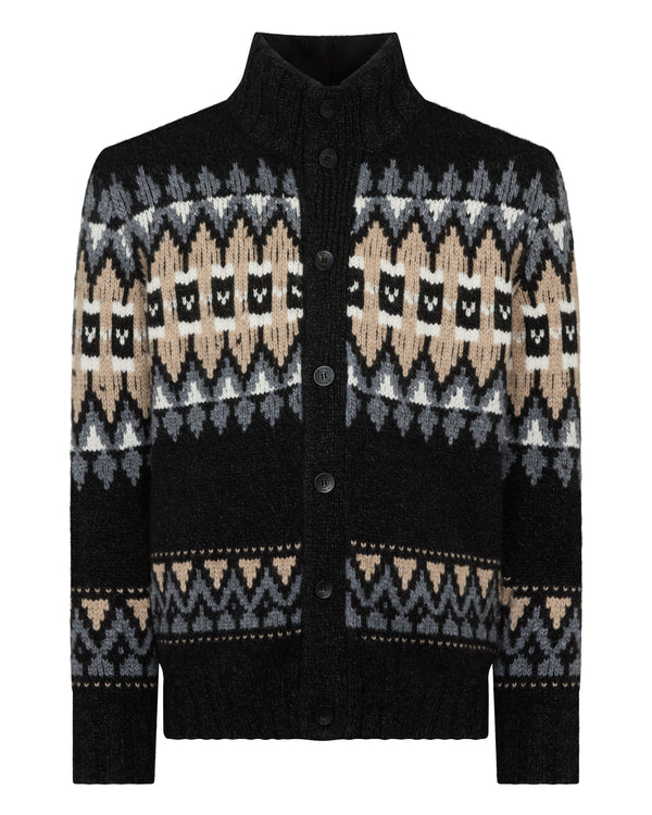 N.Peal Men's Jacquard Button Through Cashmere Cardigan Charcoal Grey
