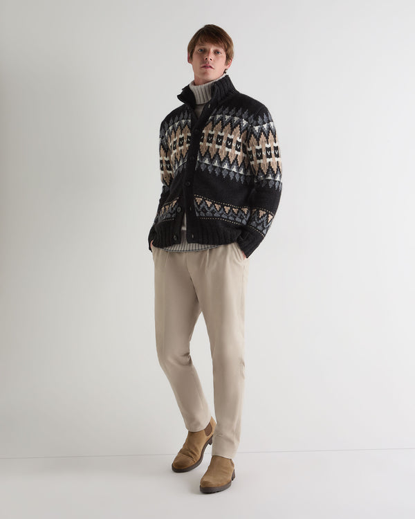 N.Peal Men's Jacquard Button Through Cashmere Cardigan Charcoal Grey
