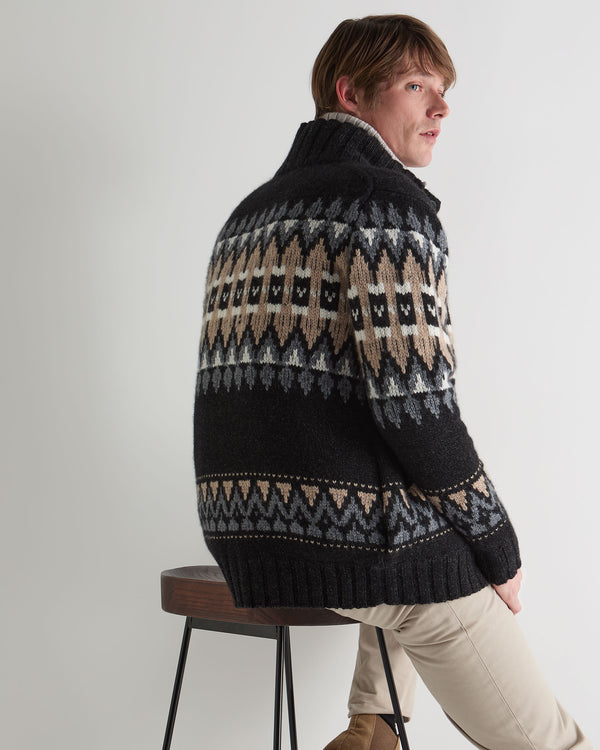 N.Peal Men's Jacquard Button Through Cashmere Cardigan Charcoal Grey