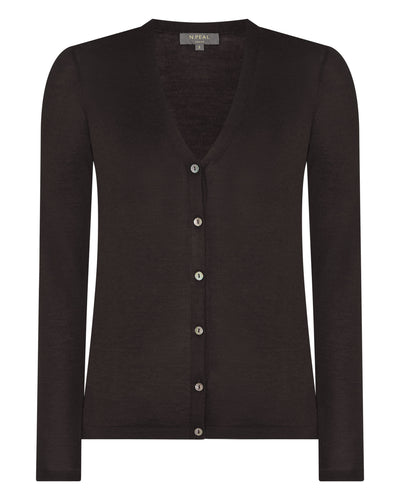 N.Peal Women's Mia Superfine Cashmere V Neck Cardigan Chocolate Brown