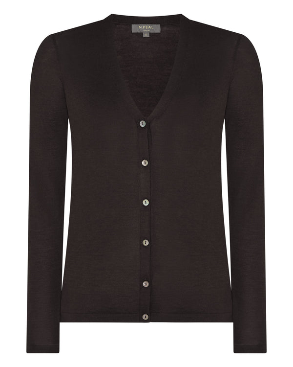 N.Peal Women's Mia Superfine Cashmere V Neck Cardigan Chocolate Brown
