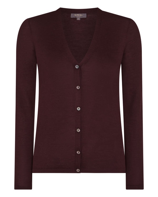N.Peal Women's Mia Superfine Cashmere V Neck Cardigan Claret Red