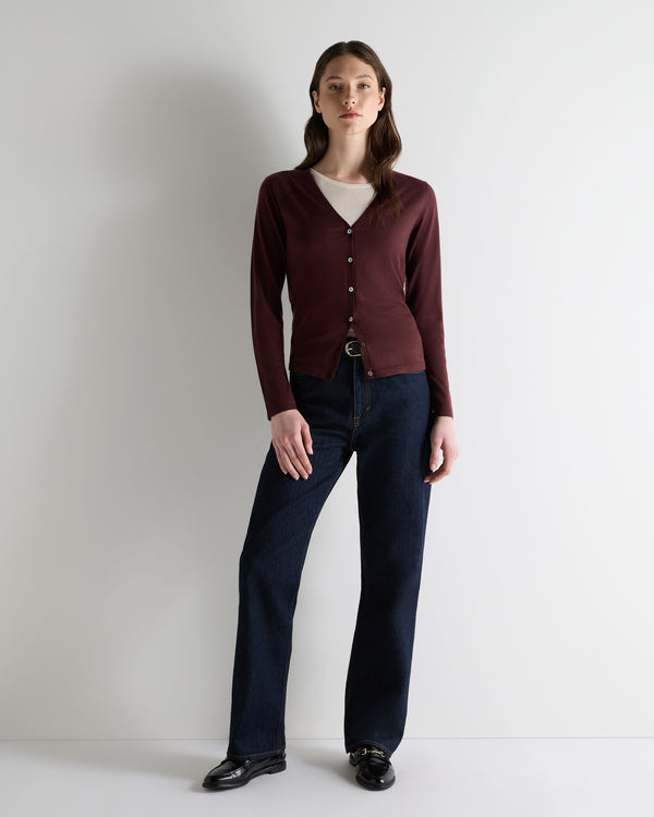 N.Peal Women's Mia Superfine Cashmere V Neck Cardigan Claret Red