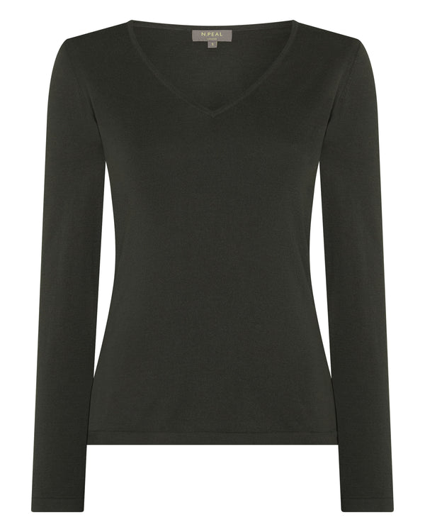 N.Peal Women's Imogen Superfine Cashmere V Neck Jumper Arabica Khaki Green