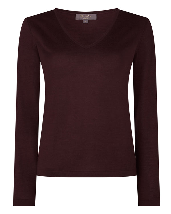 N.Peal Women's Imogen Superfine Cashmere V Neck Jumper Claret Red