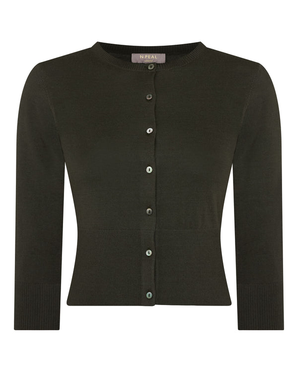 N.Peal Women's Darcie Superfine Cashmere Cropped Cardigan Arabica Khaki Green