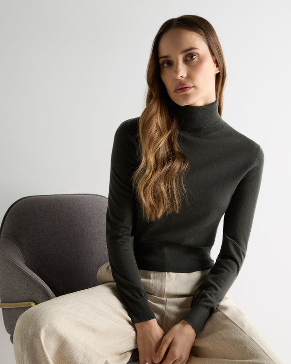 N.Peal Women's Margot Superfine Cashmere Roll Neck Jumper Arabica Khaki Green
