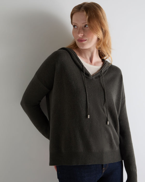 N.Peal Women's Maya Metal Trim Cashmere Hoodie Arabica Khaki Green