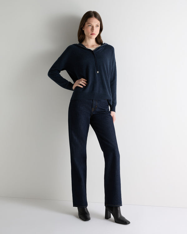 N.Peal Women's Maya Metal Trim Cashmere Hoodie Indigo Blue