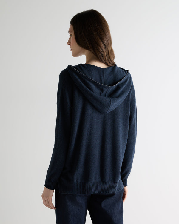 N.Peal Women's Maya Metal Trim Cashmere Hoodie Indigo Blue