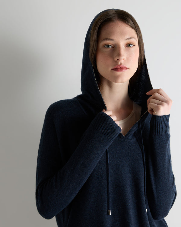N.Peal Women's Maya Metal Trim Cashmere Hoodie Indigo Blue