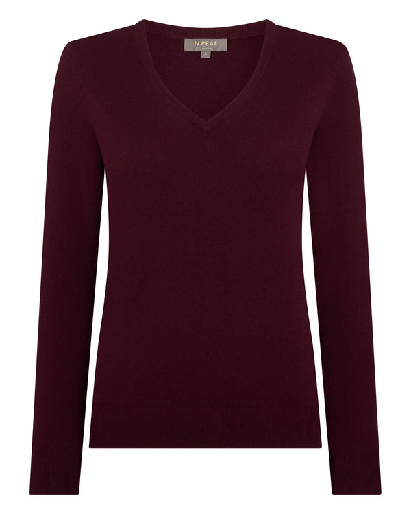 N.Peal Women's Phoebe V Neck Cashmere Jumper Bordeaux Red