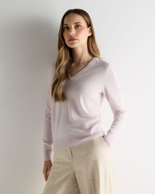 N.Peal Women's Phoebe V Neck Cashmere Jumper Chalk Pink