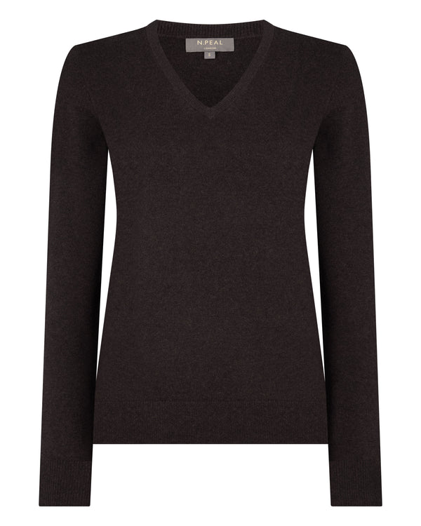 N.Peal Women's Phoebe V Neck Cashmere Jumper Chocolate Brown