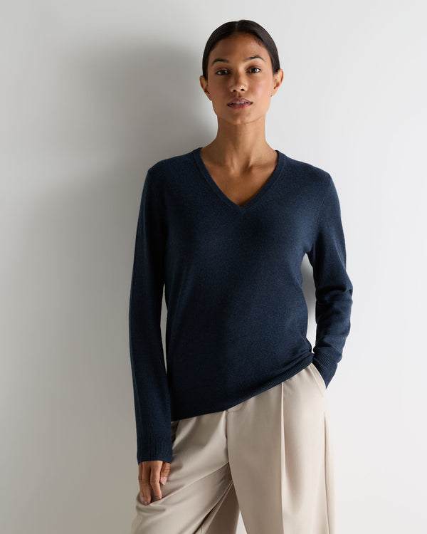 N.Peal Women's Phoebe V Neck Cashmere Jumper Indigo Blue