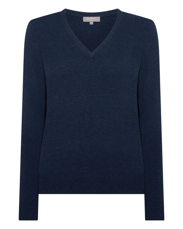 N.Peal Women's Phoebe V Neck Cashmere Jumper Indigo Blue