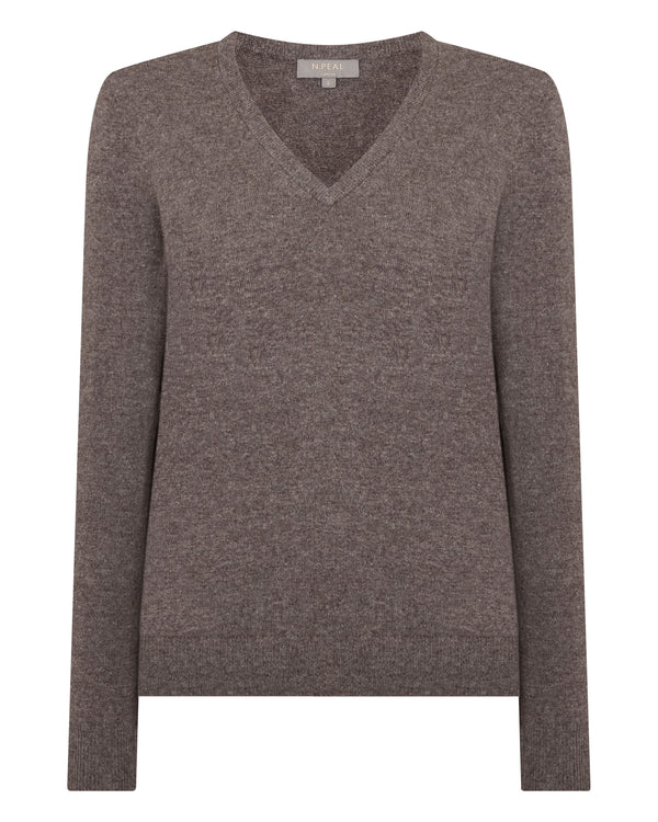 N.Peal Women's Phoebe V Neck Cashmere Jumper Otter Brown