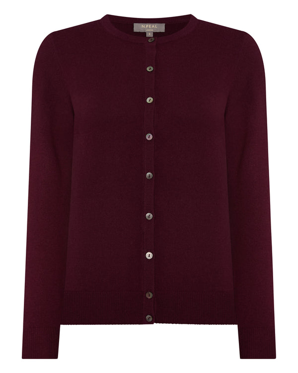 N.Peal Women's Olivia Round Neck Cashmere Cardigan Bordeaux Red