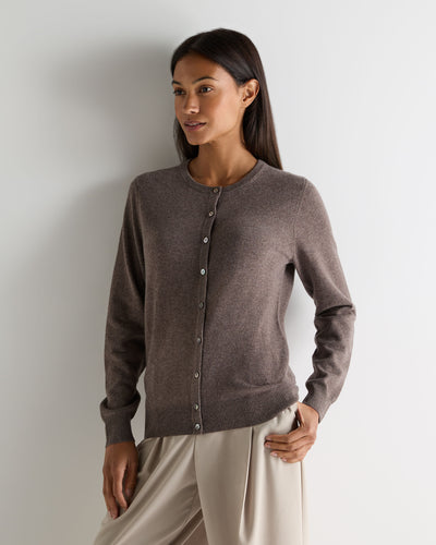 N.Peal Women's Olivia Round Neck Cashmere Cardigan Otter Brown