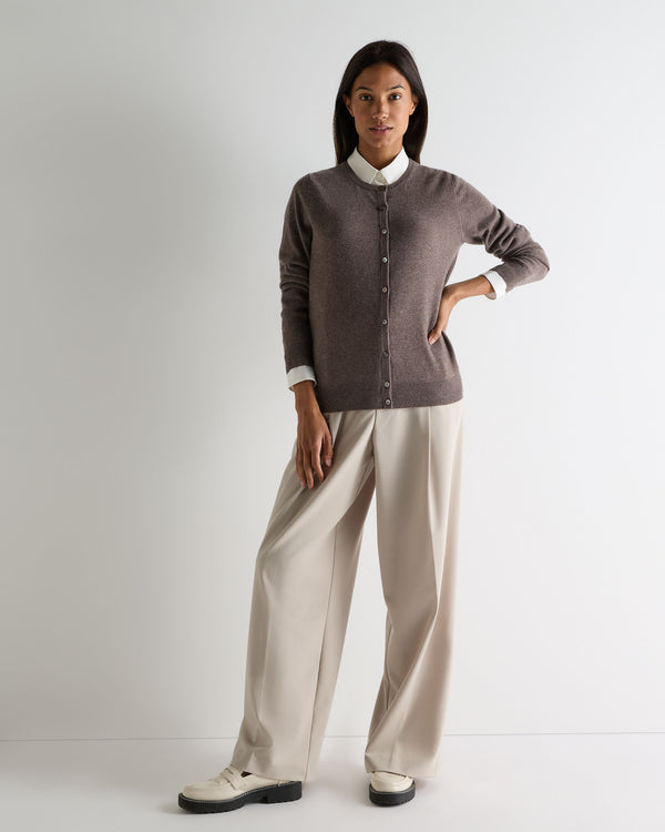 N.Peal Women's Olivia Round Neck Cashmere Cardigan Otter Brown