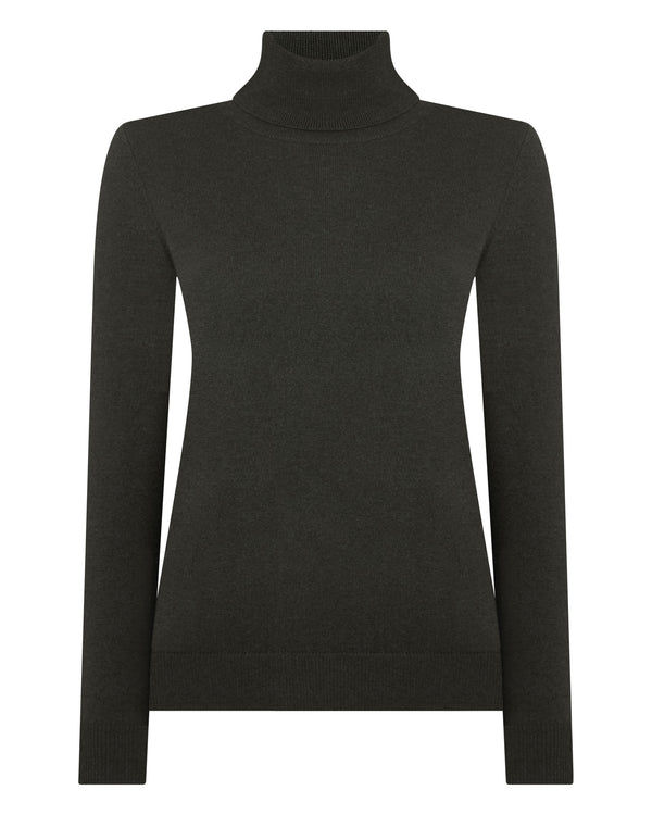 N.Peal Women's Luna Roll Neck Cashmere Jumper Arabica Khaki Green