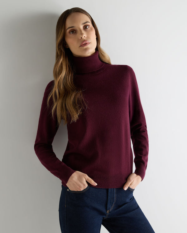 N.Peal Women's Luna Roll Neck Cashmere Jumper Bordeaux Red