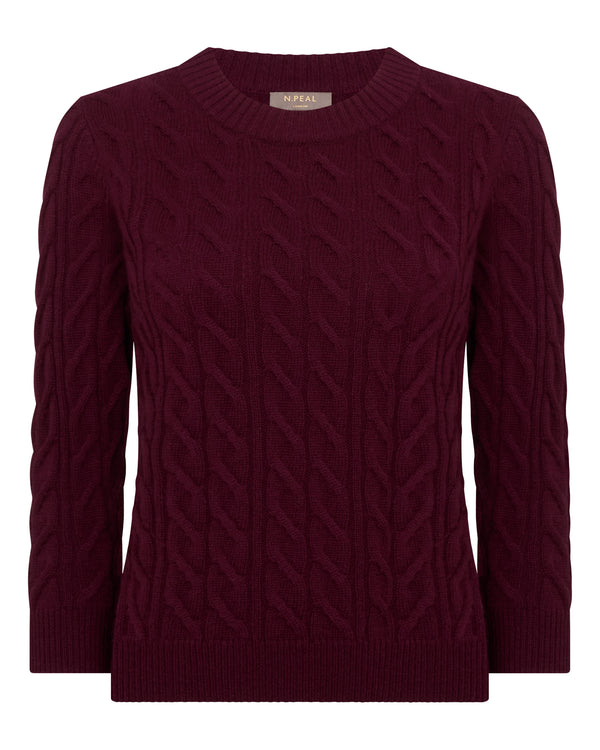 N.Peal Women's Emilia Cable Round Neck Cashmere Jumper Bordeaux Red