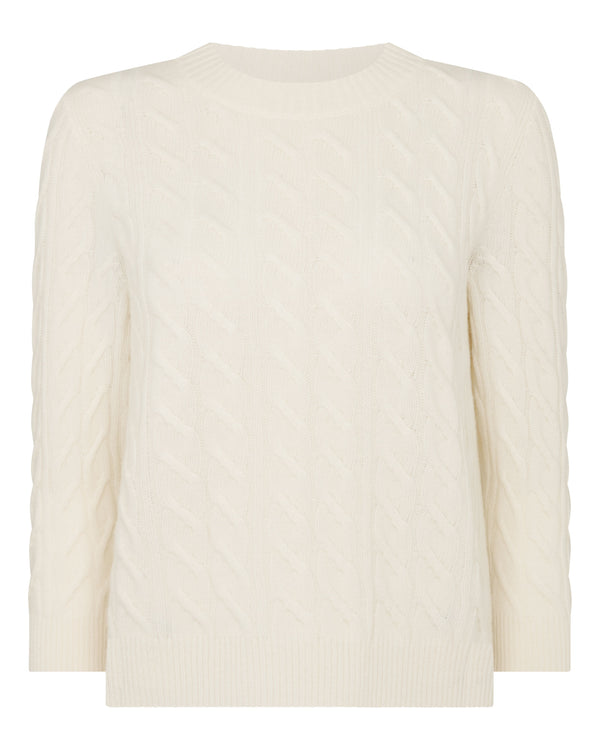 N.Peal Women's Round Neck Cable Cashmere Jumper New Ivory White