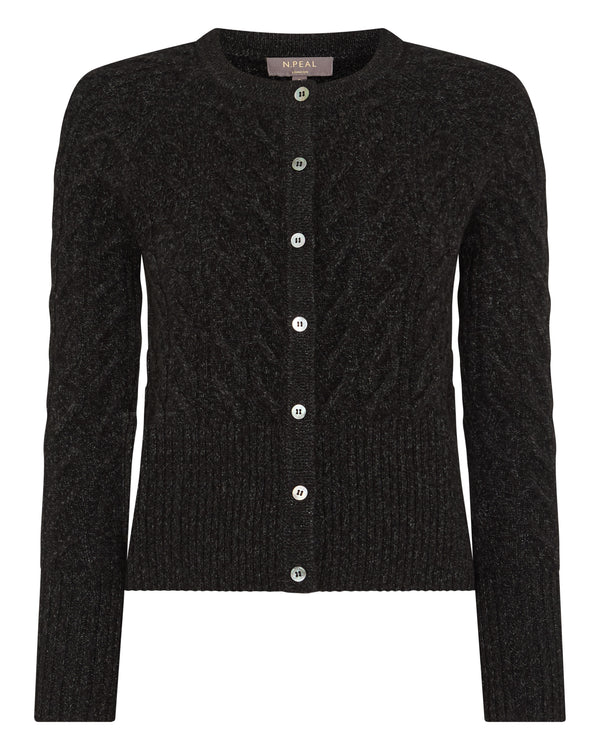 N.Peal Women's Myla Cable Cashmere Cardigan Charcoal Grey Melange