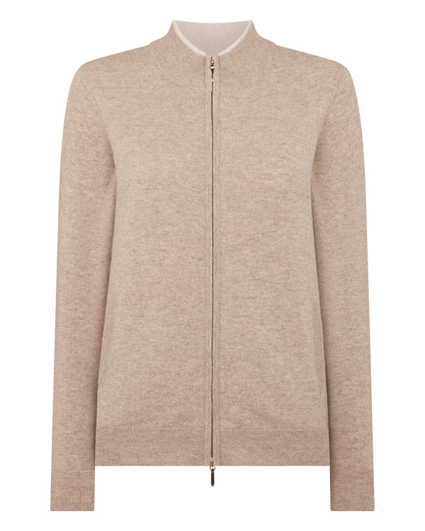N.Peal Women's Alisa Full Zip Cashmere Cardigan Oatmeal Brown