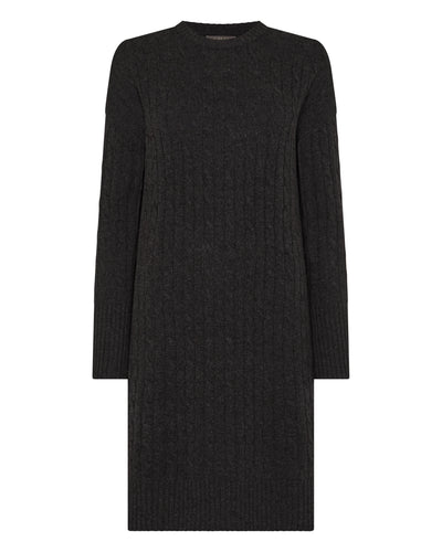 N.Peal Women's Bella Round Neck Cable Cashmere Dress Deep Charcoal Grey