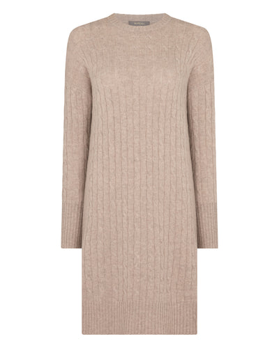 N.Peal Women's Bella Round Neck Cable Cashmere Dress Oatmeal Brown