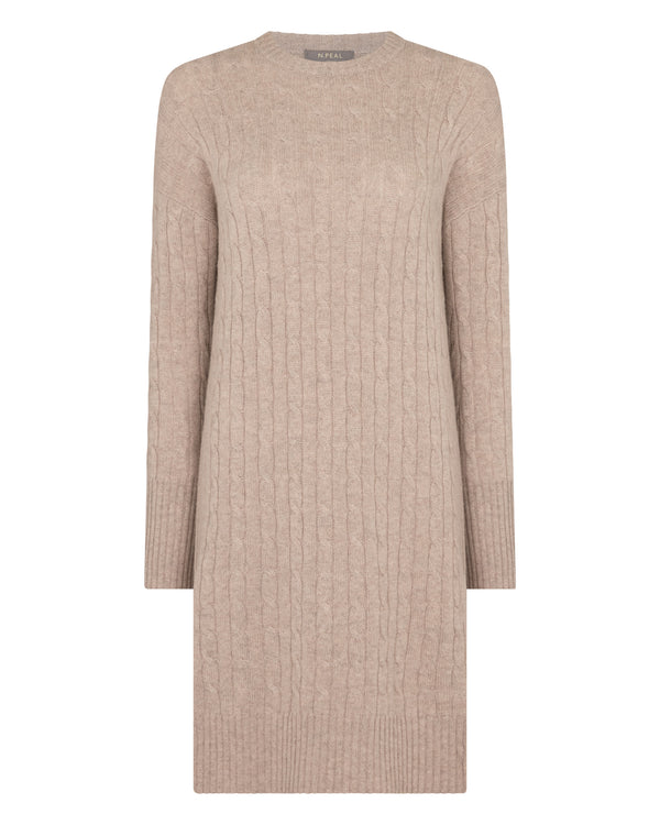 N.Peal Women's Bella Round Neck Cable Cashmere Dress Oatmeal Brown