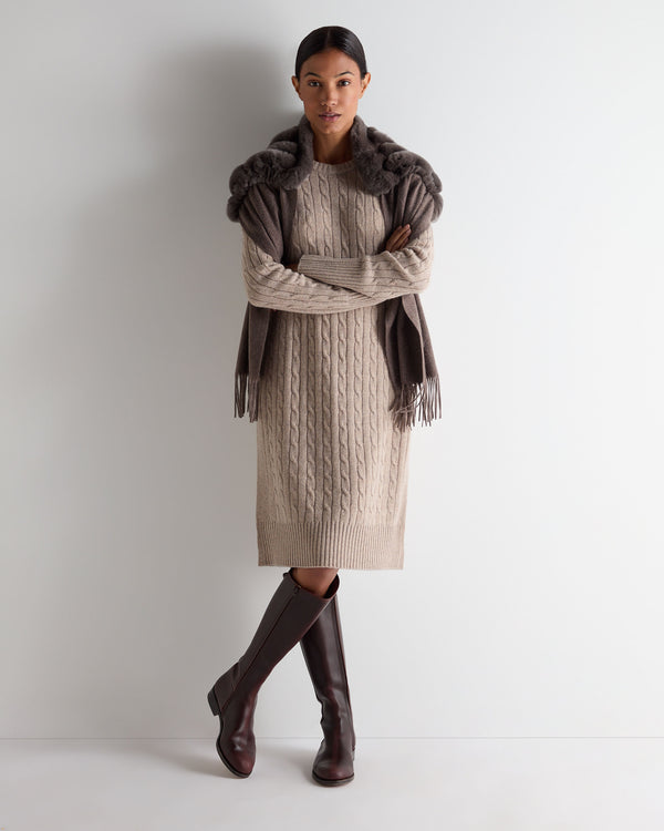 N.Peal Women's Bella Round Neck Cable Cashmere Dress Oatmeal Brown