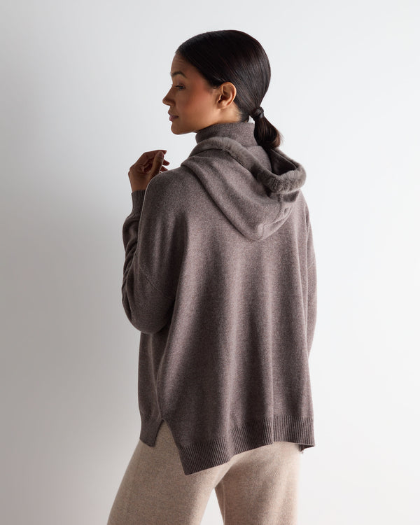 N.Peal Women's Alicia Fur Trim Cashmere Hoodie Otter Brown