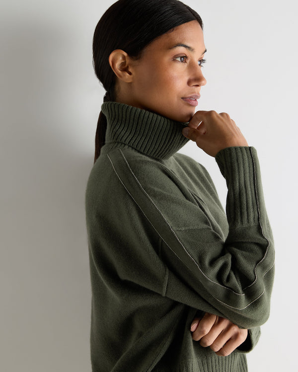 N.Peal Women's Mollie Metal Roll Neck Cashmere Jumper Army Green
