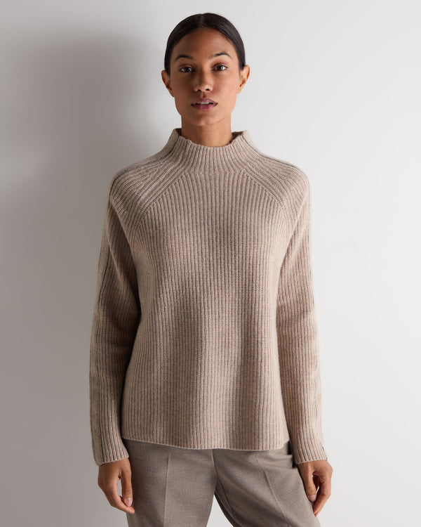 N.Peal Women's Metal Funnel Neck Cashmere Jumper Oatmeal Brown